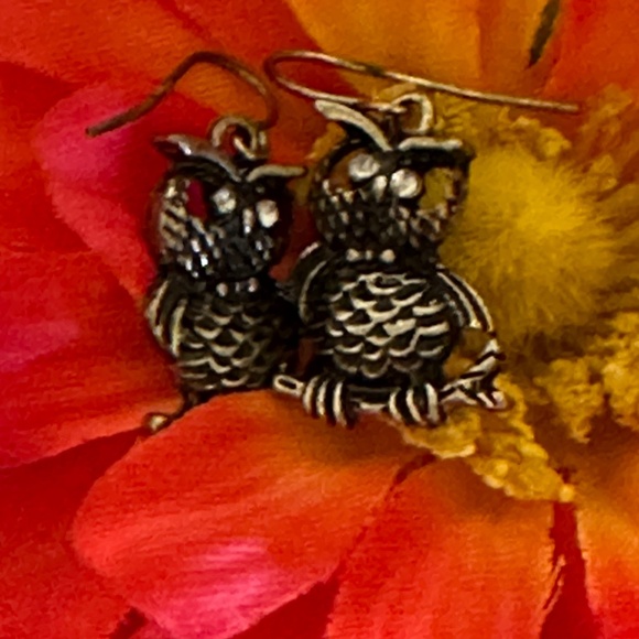 Silver Dangle Owl Earrings - Picture 1 of 7